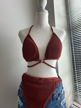 Ribbed Triangle Bikini Set in Rust Red
